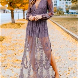 V-neck lace romper maxi dress